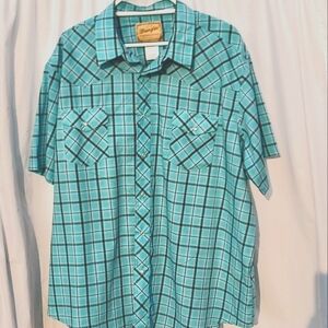 Men's Wrangler Western Pearl Snap Shirt Short Sleeve Teal/Black Plaid Size 3XL